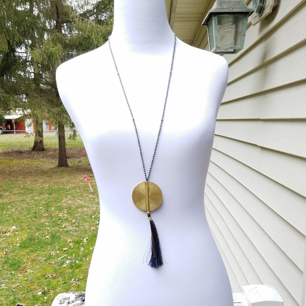 BOHO Blue & Gold Bead  w/Brass Medallion Fringe